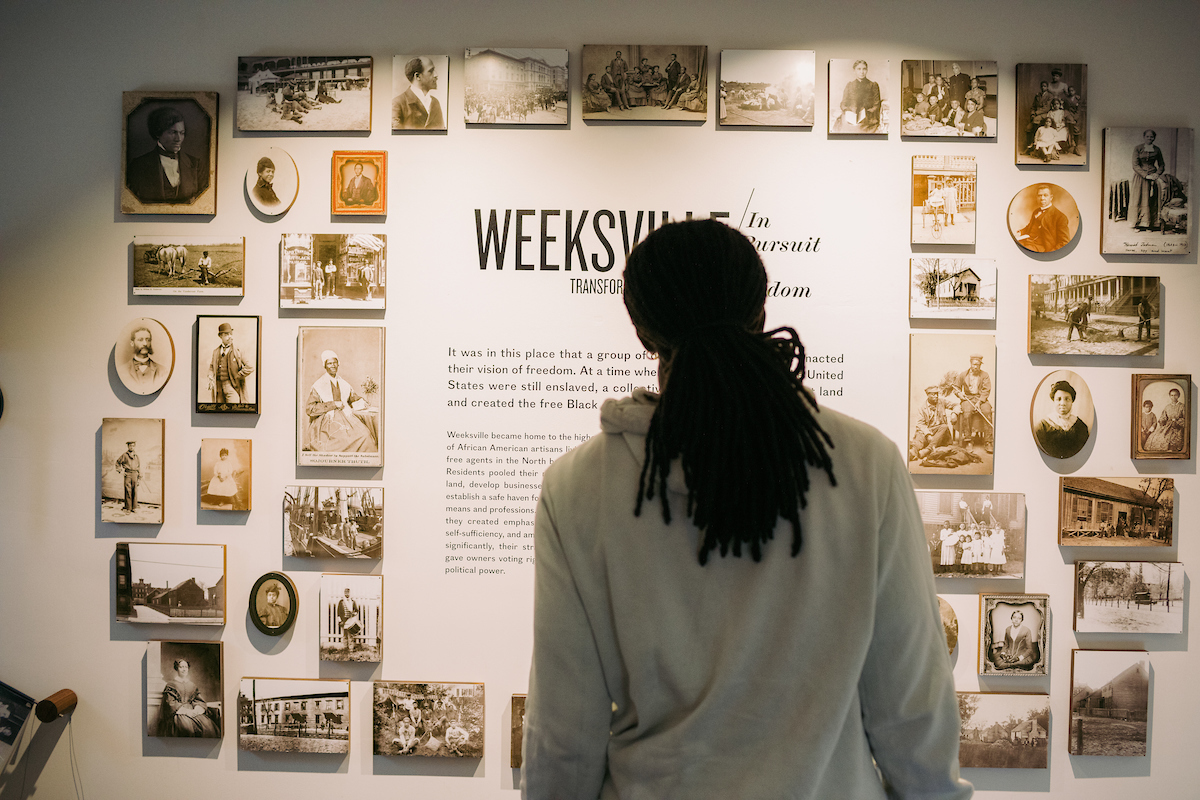 A man looking at a display of photos.