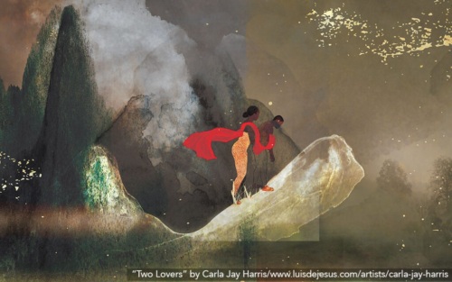 A painting of a Black woman and man standing on top of a cliff in the mountains.