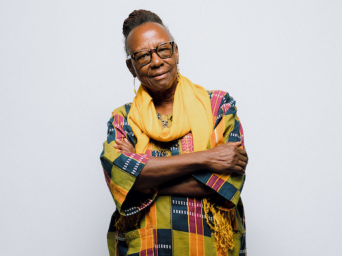 A middle aged Black woman wearing classes with her hair up in a bun, stands wearing a plaid dress and a yellow scarf. She is looking at the camera pensively with her arms crossed.