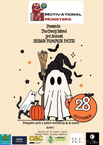 A poster for a halloween event with a cat and a pumpkin.