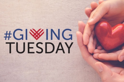 Giving tuesday logo with two hands holding a red heart.