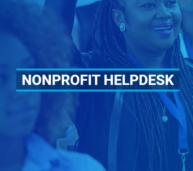 Nonprofit helpdesk logo with a group of people in front of it.