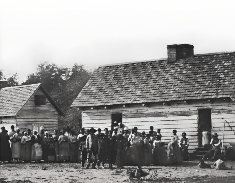 An old, black and white photograph showing a group of people standing in front of a log cabin.