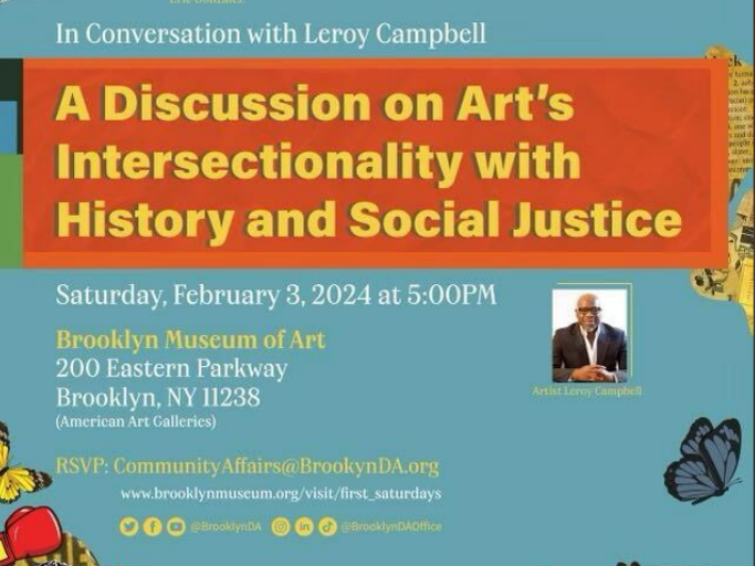 A flyer for a discussion on art, history and social justice.