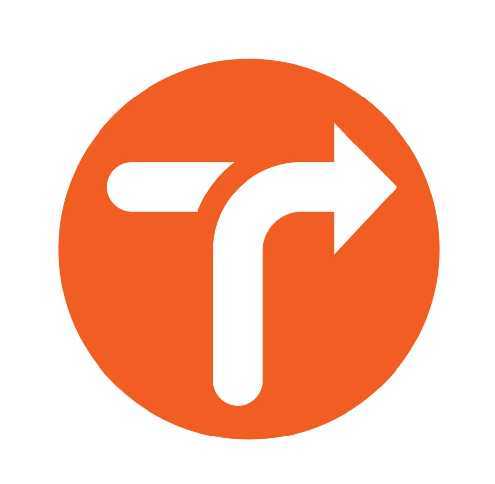 An orange circle with an arrow pointing to the right.