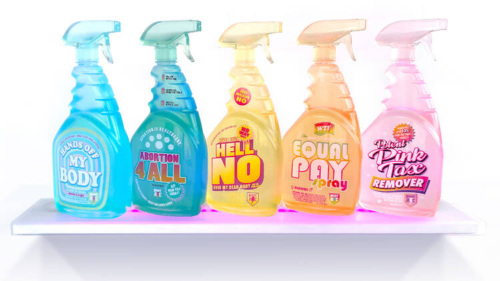 Five bottles of cleaning products on a shelf.