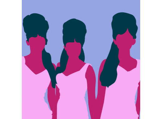 Drawing of three women with long hair standing in front of a pink background.