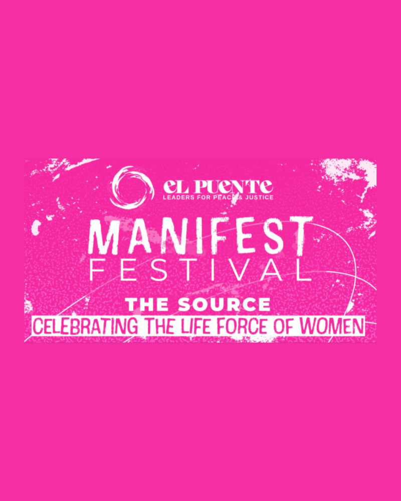 A pink background with the words manifest festival the source celebrating the life of women.