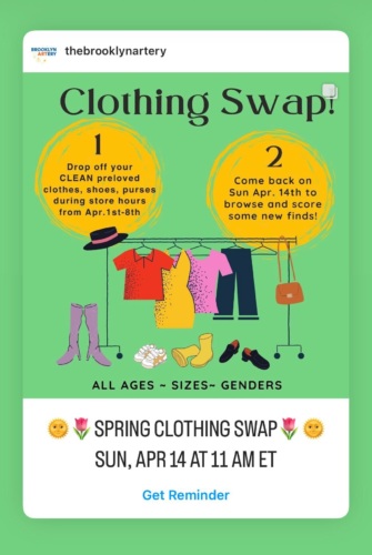 Promotional flyer for a spring clothing swap at the brooklyn artery on april 14th at 11 am et, inviting people to exchange clean, pre-loved clothes.