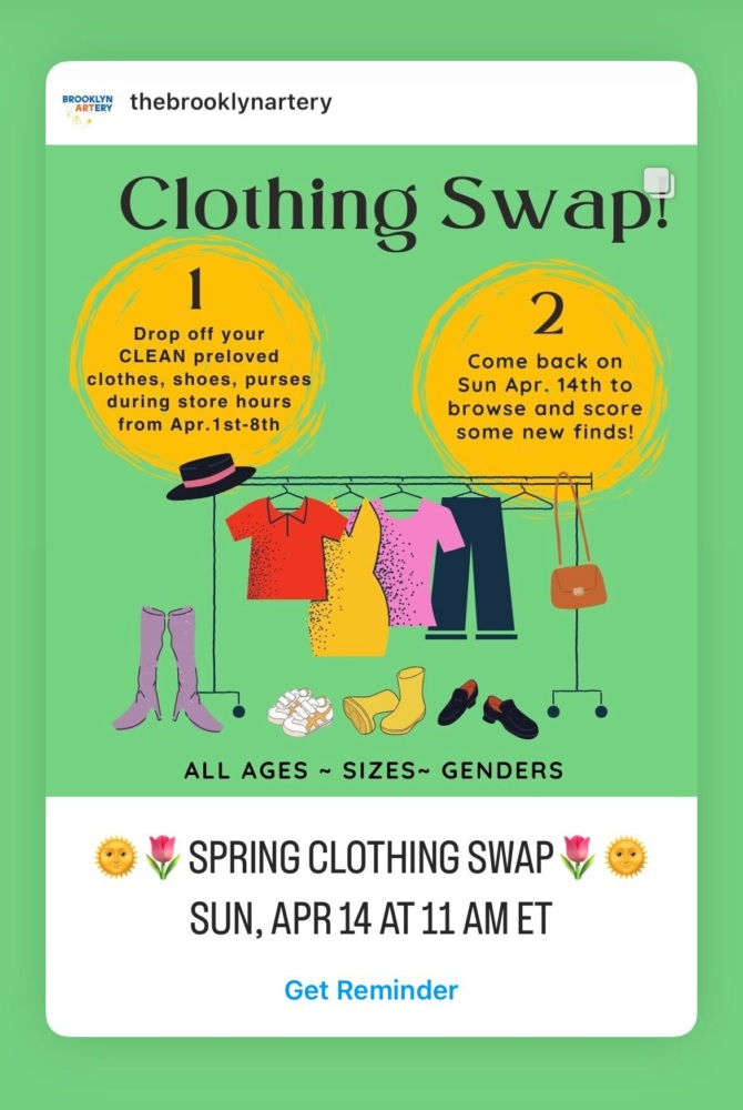 Promotional flyer for a spring clothing swap at the brooklyn artery on april 14th at 11 am et, inviting people to exchange clean, pre-loved clothes.
