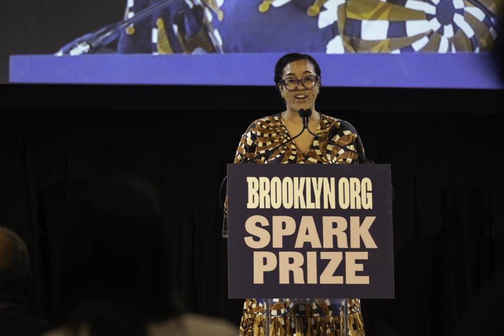 Woman delivering a speech at the brooklyn org spark prize event.