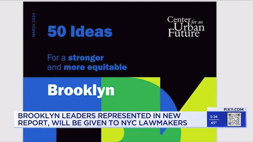 Promotional graphic for '50 ideas for a stronger and more equitable brooklyn' report featured on a news segment, with a qr code for additional information.