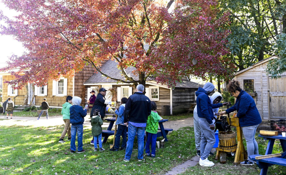 Visitors engaging in activities at a historical outdoor museum during autumn.