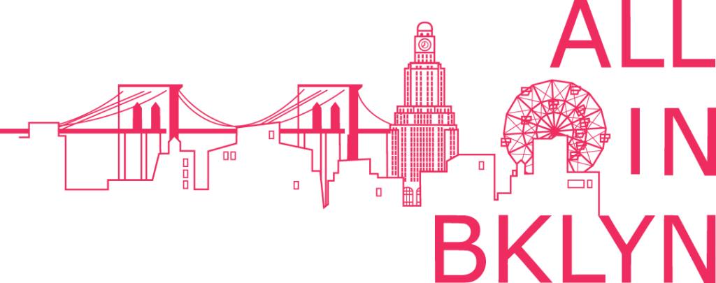 Graphic outline of iconic Brooklyn landmarks including a bridge, buildings and a ferris wheel, with the text "all in bklyn" in bold typography.