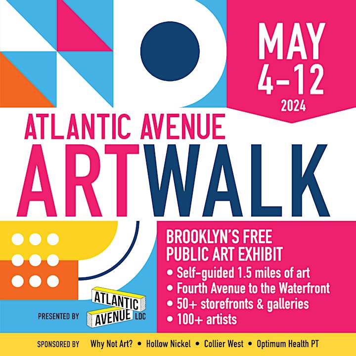 Colorful poster for the atlantic avenue artwalk 2024 in brooklyn, featuring event details and sponsors on a vibrant geometric background.