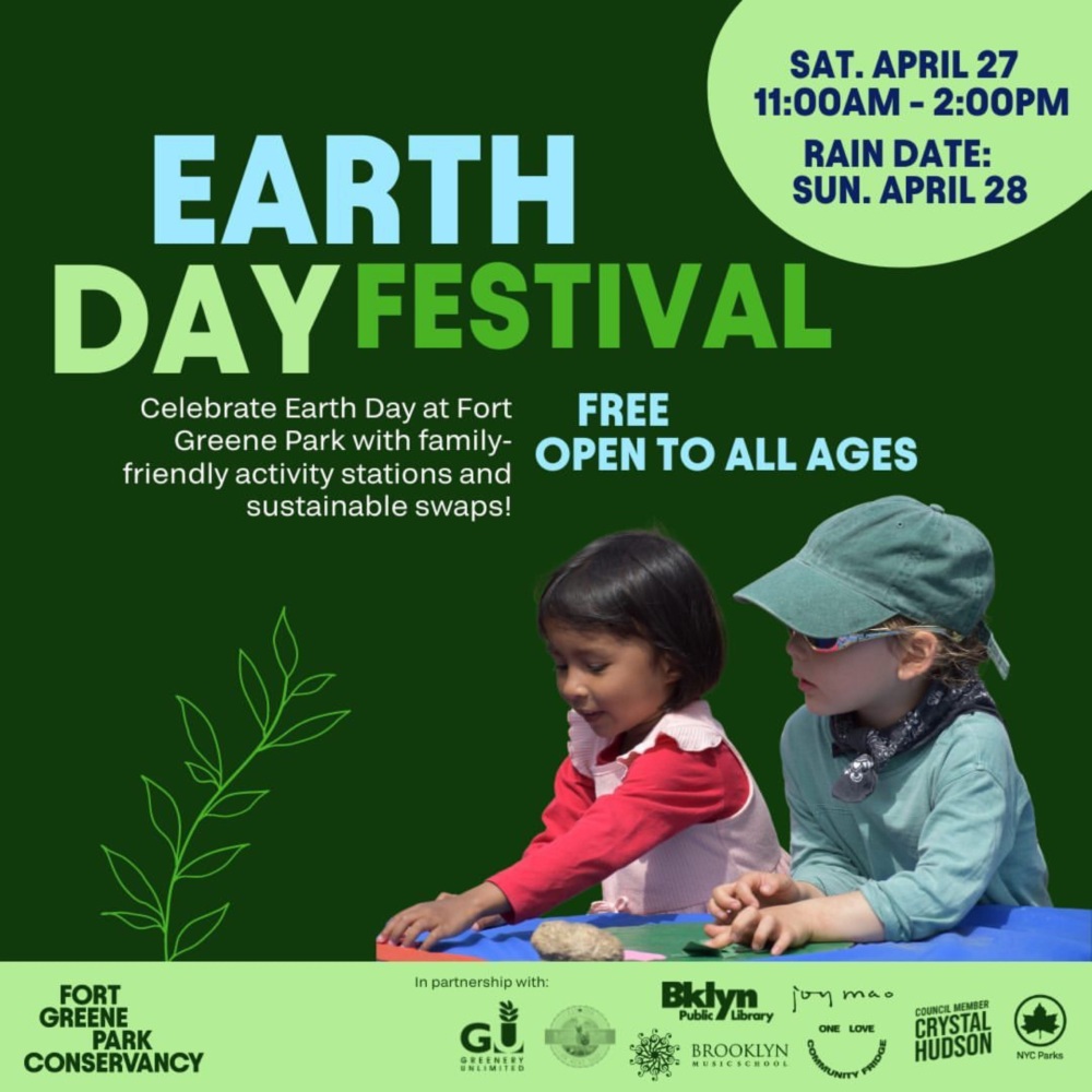 Children engaging in gardening activities at an earth day festival in greene park, with text detailing event information.