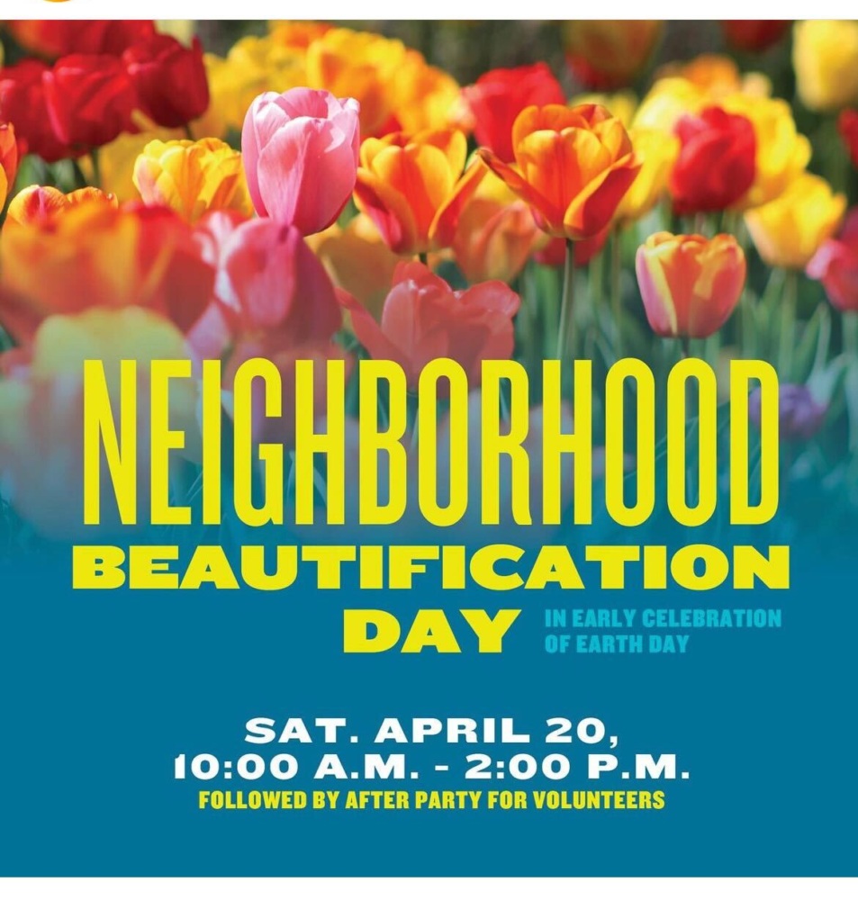 Promotional poster for a neighborhood beautification day event on april 20, featuring bright tulips in the backdrop.