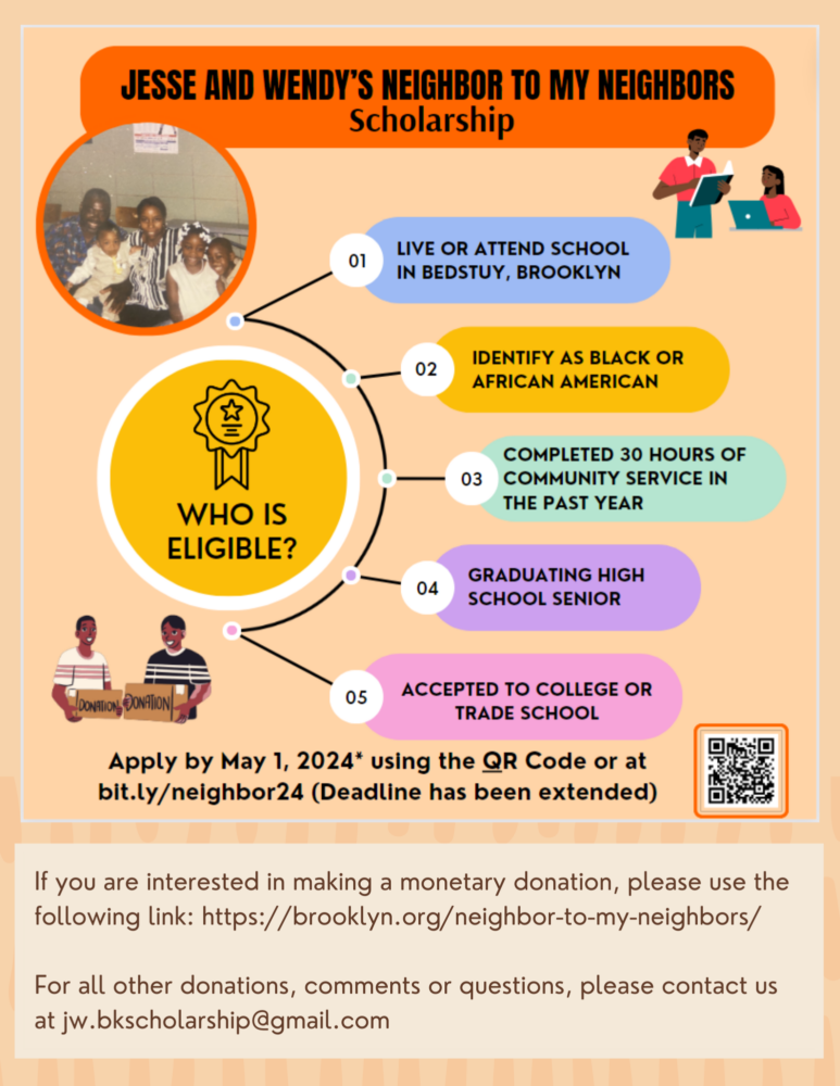 Advertisement for a neighborhood scholarship program highlighting eligibility criteria and a call to action with qr code for application.