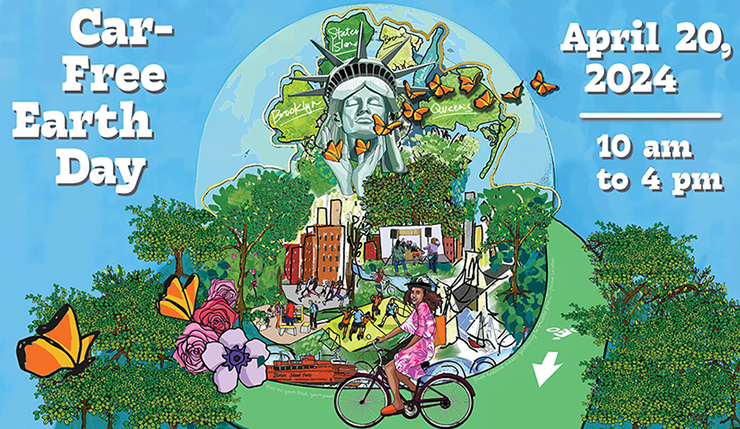Illustrated poster for car-free earth day 2024, featuring a cyclist, vibrant flowers, butterflies, and a stylized statue of liberty, from 10 am to 4 pm.