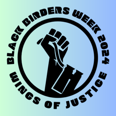 Logo for Black Birders Week 2024 featuring a raised fist holding binoculars, surrounded by the text "Black Birders Week 2024" and "Wings of Justice.