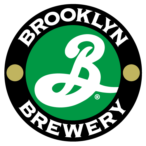 Brooklyn Brewery logo featuring a white cursive letter 'B' on a green circle with black and white borders, and the text "Brooklyn Brewery" in white letters around the circle.