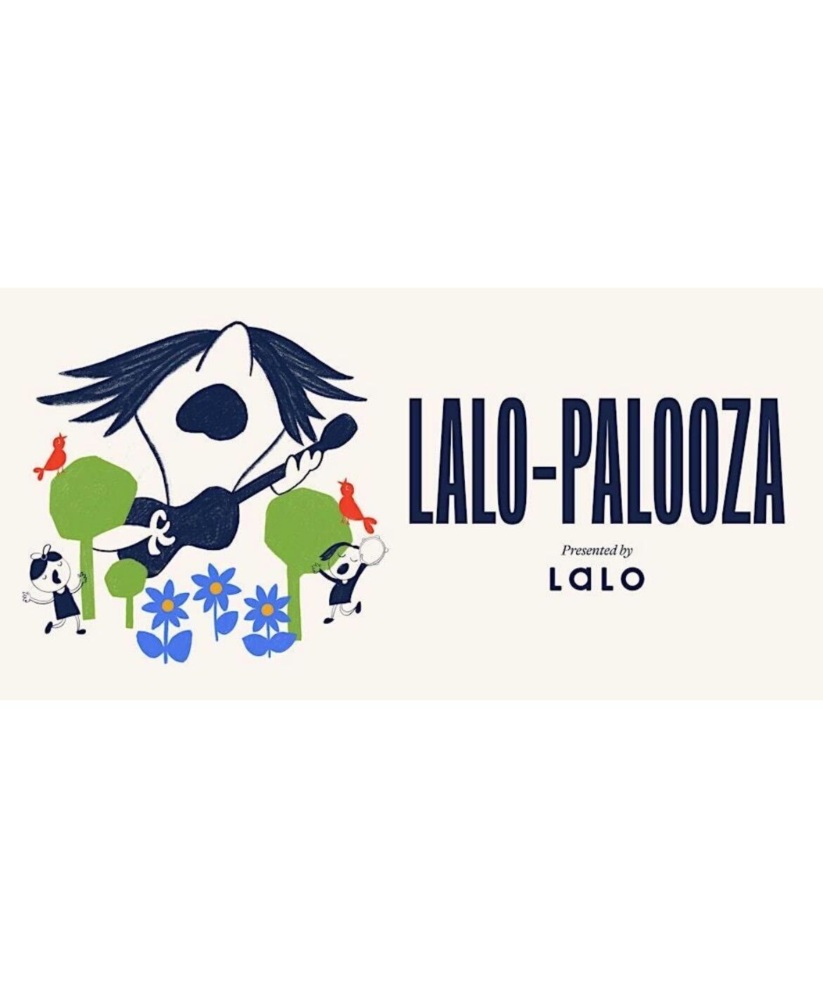 Illustration of a stylized black-haired figure with birds and flowers, reading "lalo-palooza presented by lqlo.