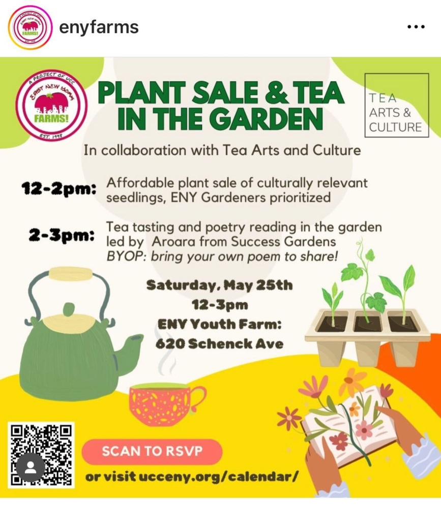 Promotional flyer for enyfarms garden event featuring tea tasting and plant sale with date and location details, illustrated with tea pots, plants, and gardening tools.