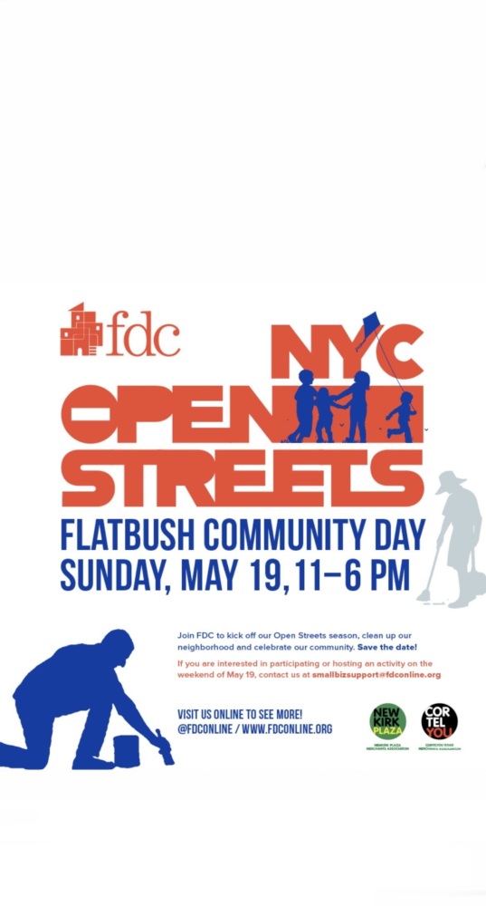 Promotional poster for nyc fdc open streets community day event on sunday, may 19, from 11 am-6 pm, featuring silhouettes of people engaging in various activities.