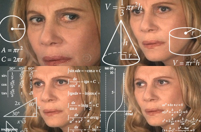 A woman appears confused while various mathematical and geometrical formulas are superimposed over the image.
