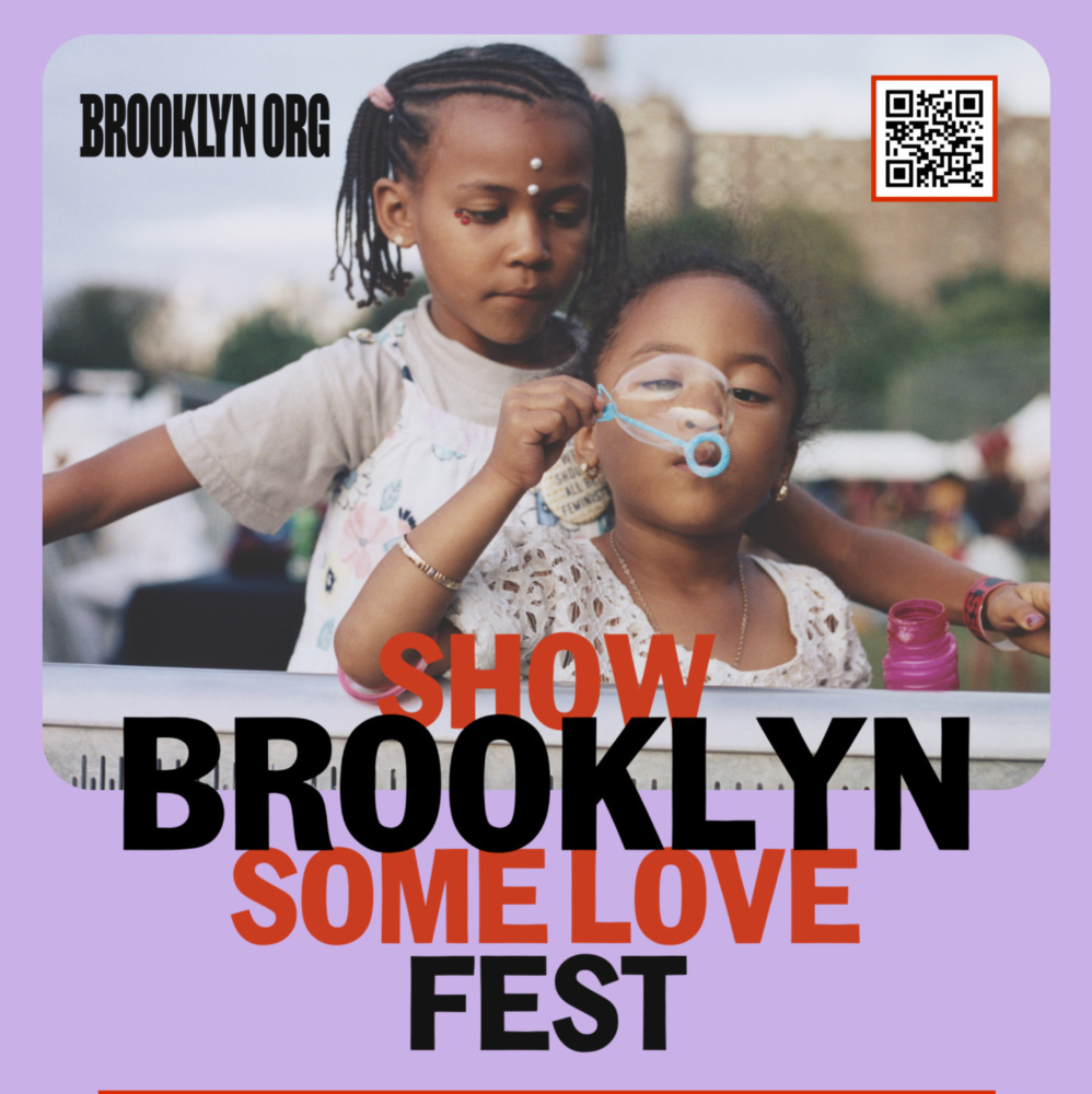 Poster for "Show Brooklyn Some Love Fest" at Albee Square & City Point on Saturday, June 22, from 11 AM to 2 PM. Free activities, performances, and more. Hosted by Brooklyn Org.