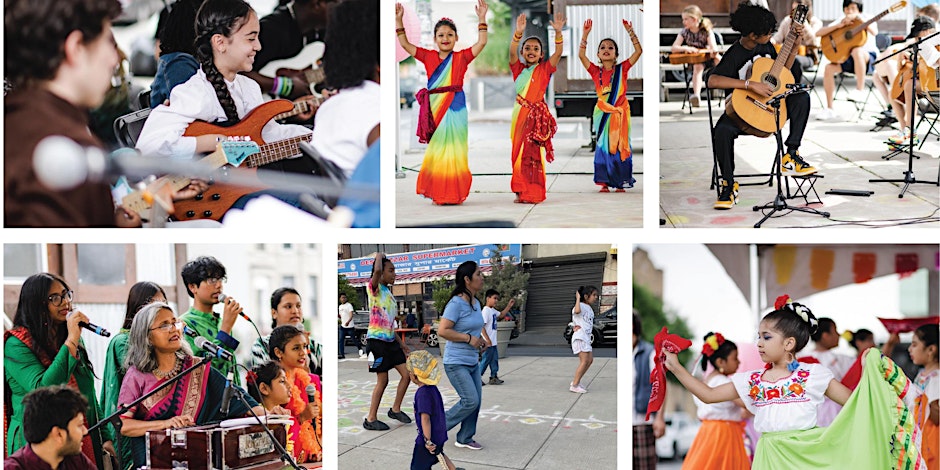 A collage of cultural performances featuring musicians, dancers, and singers, including children and adults, dressed in colorful attire at an outdoor event.
