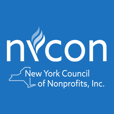 Logo of the New York Council of Nonprofits, Inc. (nycon) with white text on a blue background, featuring an outline of New York State and a stylized flame in the letter 'y'.