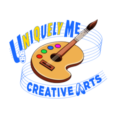 Logo for "Uniquely Me Creative Arts" featuring a paint palette with multicolored paints and a paintbrush, surrounded by flowing blue lines.