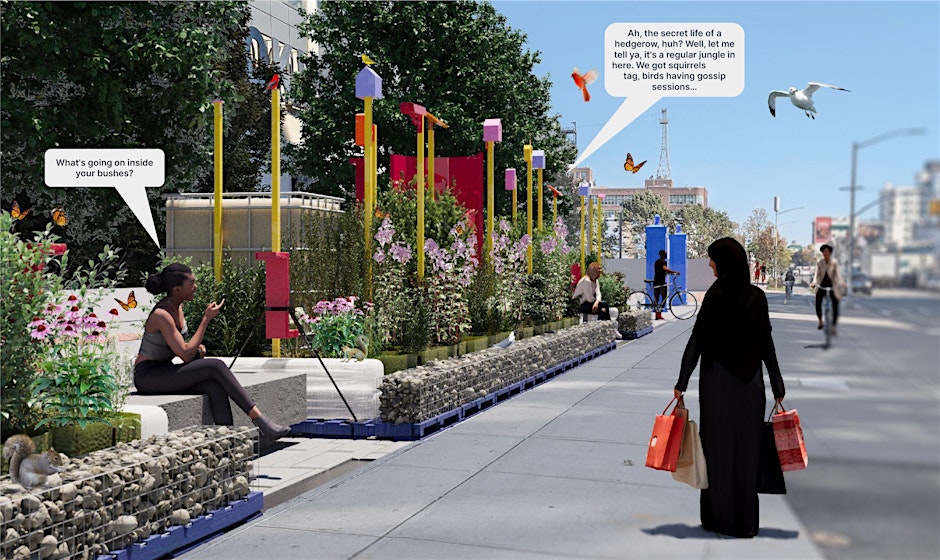 Urban parklet with colorful vertical gardens and benches, where a woman sits reading and another walks by, while speech bubbles float above birds and plants.
