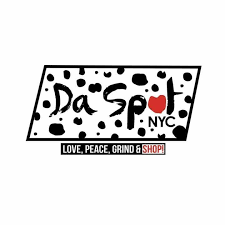 Logo reading "Da Spot NYC" with a red heart for the letter "o," surrounded by black dots and the phrase "Love, Peace, Grind & Shop!" below the main text.