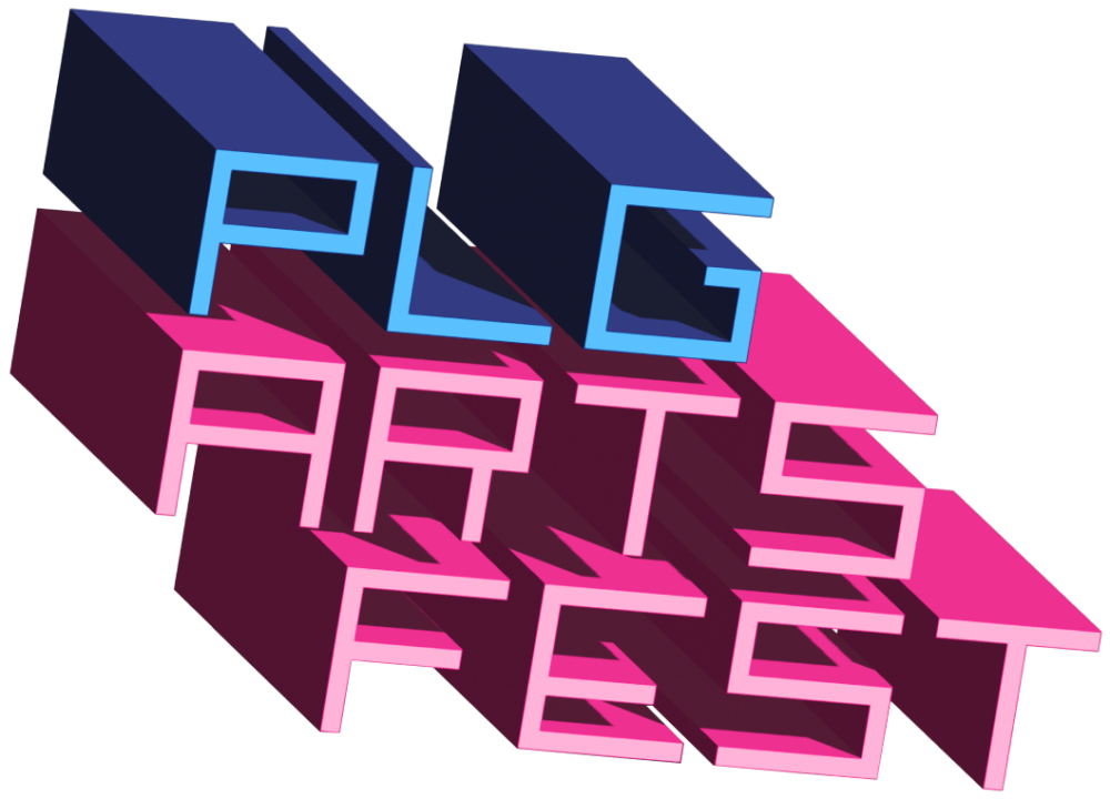PLG Arts Fest" is written in bold, three-dimensional letters with "PLG" in dark blue and "ARTS FEST" in varying shades of pink against a white background.