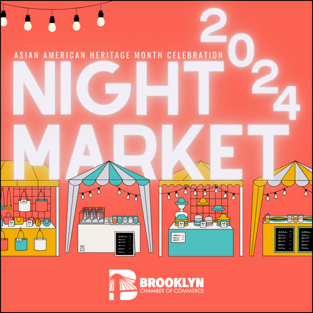 Promotional poster for brooklyn's 2024 asian american heritage month celebration, featuring an illustration of a vibrant night market with colorful stalls.