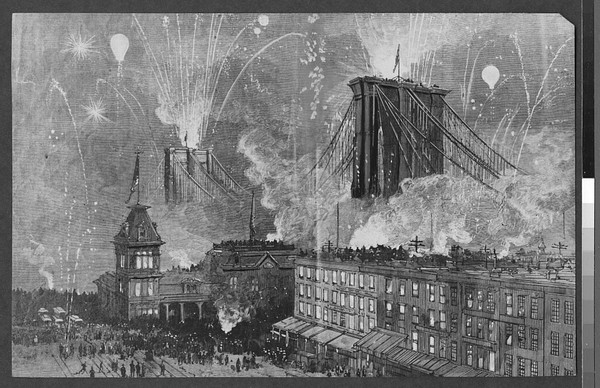 Black and white illustration of a large crowd gathered for a nighttime celebration with fireworks near a bridge and old buildings, possibly depicting the historical opening of the Brooklyn Bridge.