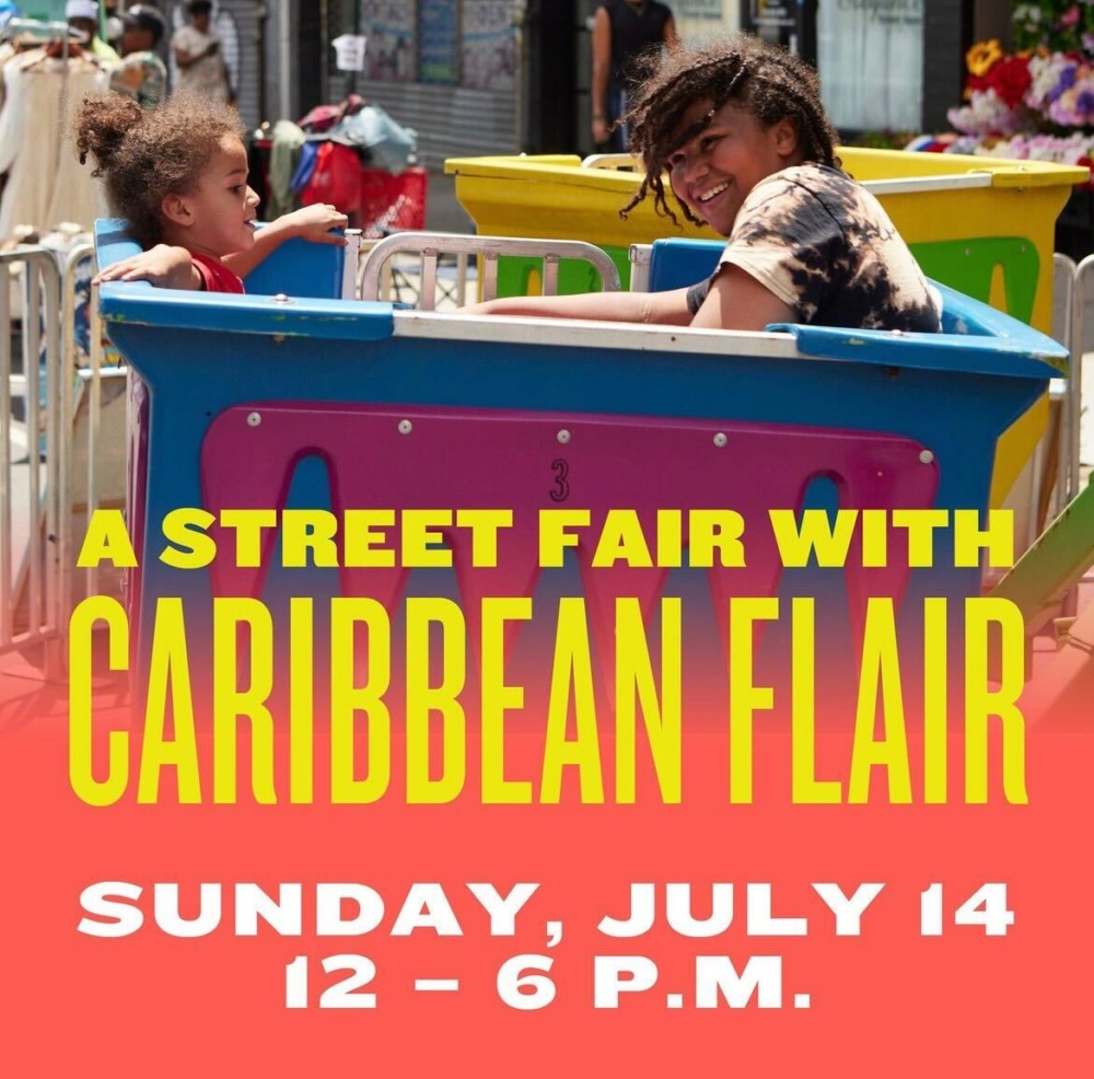 A street fair ad featuring two smiling individuals sitting in carnival rides. Text includes: “A Street Fair with Caribbean Flair, Sunday, July 14, 12-6 P.M.” Hosted by @churchflatbush in Flatbush, Brooklyn, NY, USA.