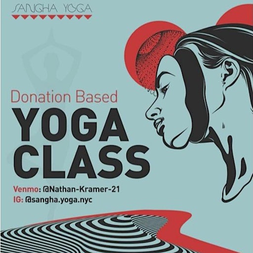 Illustrated flyer for a donation-based yoga class with Venmo @Nathan-Kramer-21 and Instagram @sangha.yoga.nyc. Shows a stylized profile of a person and swirled lines.