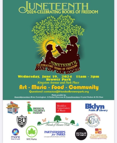 Flyer for Juneteenth 2024 event celebrating books of freedom at Brower Park on June 19, 2024, from 11 am to 3 pm. Event features art, music, food, and community. Contact: contactus@friendsofbrowerpark.org.