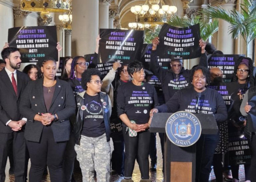 A group of people stands together inside a large hall with arched ceilings, holding signs that read "Protect the TPS & DED Family Migration Rights." A woman is speaking at a podium marked with the New York State Seal.