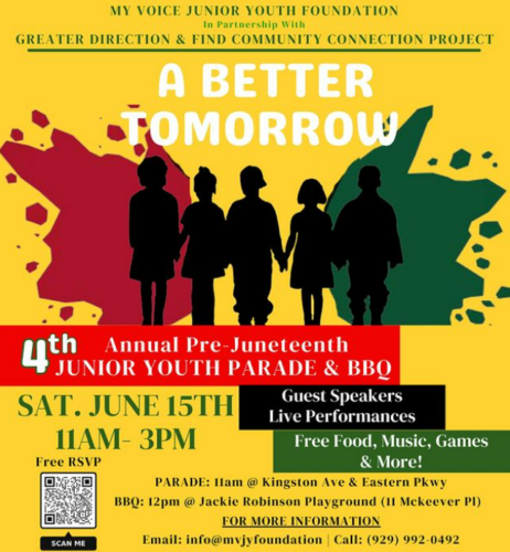 Flyer for the 4th Annual Pre-Juneteenth Junior Youth Parade & BBQ on June 15th from 11AM to 3PM. Events include a parade, BBQ, guest speakers, live performances, free food, music, games, and more. Free RSVP.
