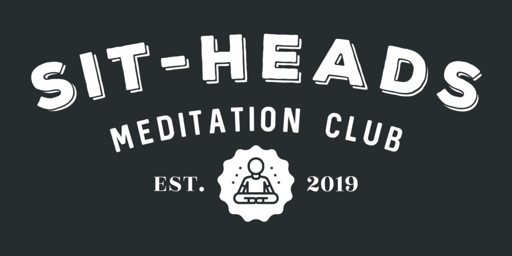 Logo of Sit-Heads Meditation Club, established in 2019, with an illustration of a meditating person encircled by a sunburst design, set against a dark background.