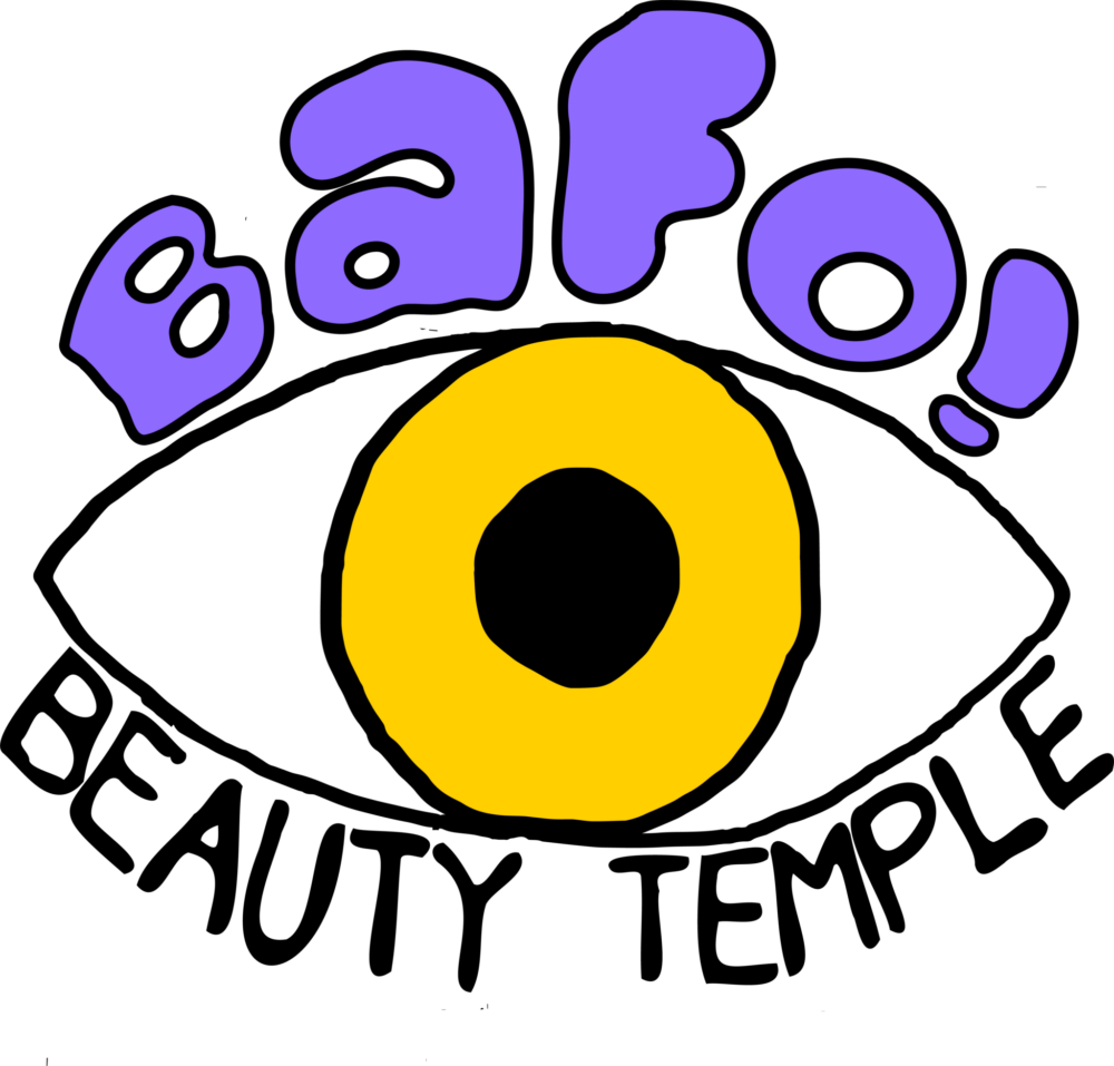 Cartoon illustration of an eye with a yellow iris and black pupil. Above it, the stylized purple text reads "bafo.