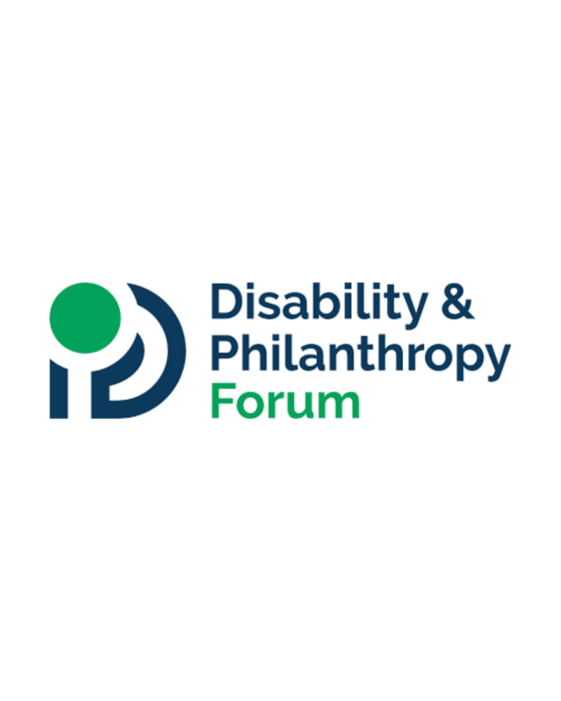 Logo of the Disability & Philanthropy Forum featuring a stylized green circle with a partial blue outline and the text "Disability & Philanthropy Forum" in blue and green next to it.