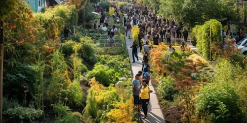 A crowd of people walking through a lush community garden on a sunny day, with various plants and greenery lining both sides of the path.