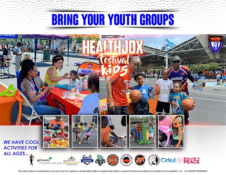 People attending the 2024 HealthJox Festival for Kids, with food, face painting, basketball, and other activities for children. The banner encourages youth groups to participate.