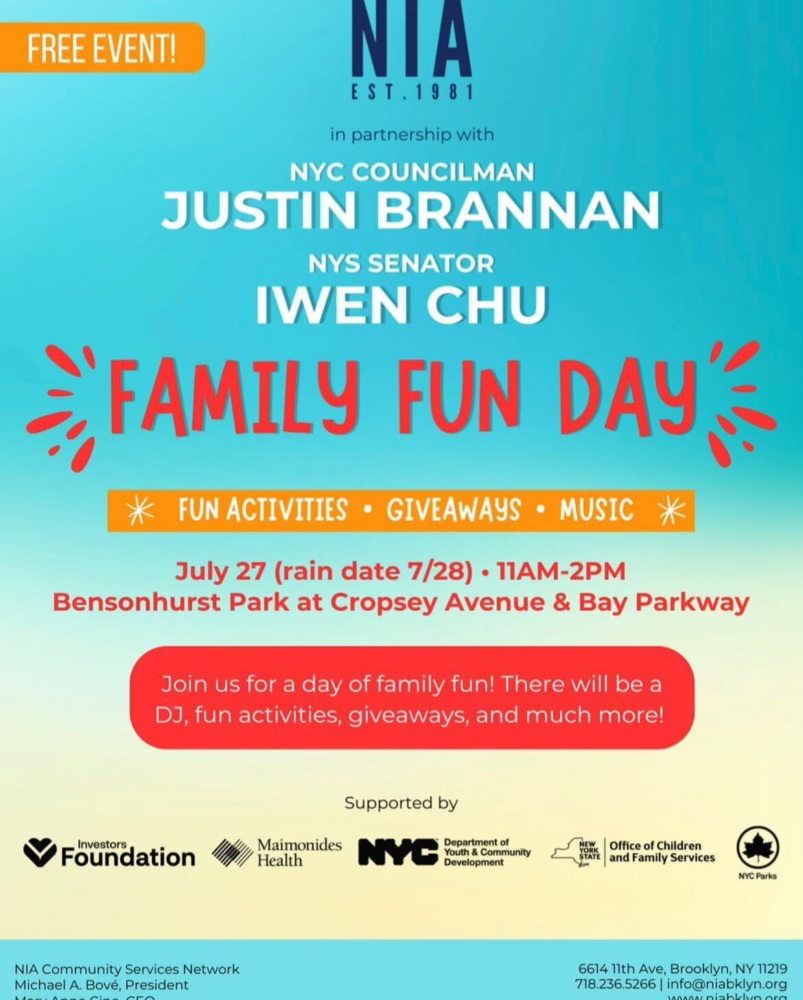 Flyer for Family Fun Day on July 27, 11 AM to 2 PM at Bensonhurst Park, Brooklyn. Free event with activities, giveaways, and music. Hosted by NIA in partnership with NYC councilman and NYS senator.