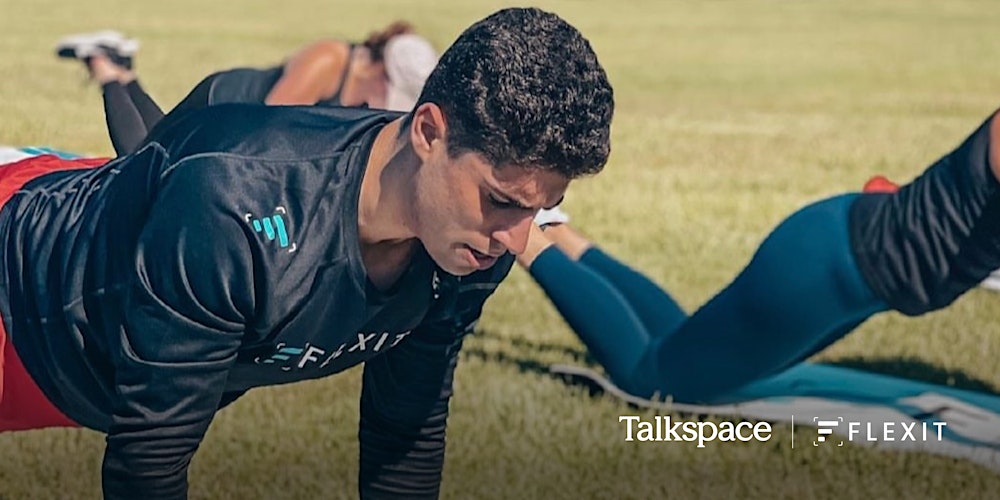 A person in athletic wear participates in an outdoor workout on the grass. Logos for Talkspace and Flexit are displayed in the bottom right corner.